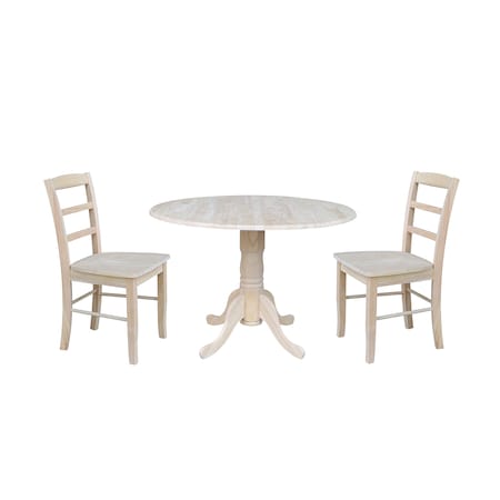 International Concepts Round 42 in Dual Drop Leaf Table with 2 Madrid Chairs, Unfinished, 42 W, 42 L, 29.75 in H, Wood K-42DP-C2P-2